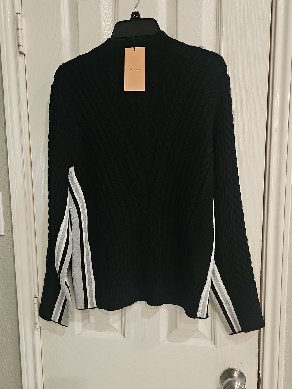 NWT Halogen Women's Large Ribbed Sweater Grey Side Stripes Mock Neck